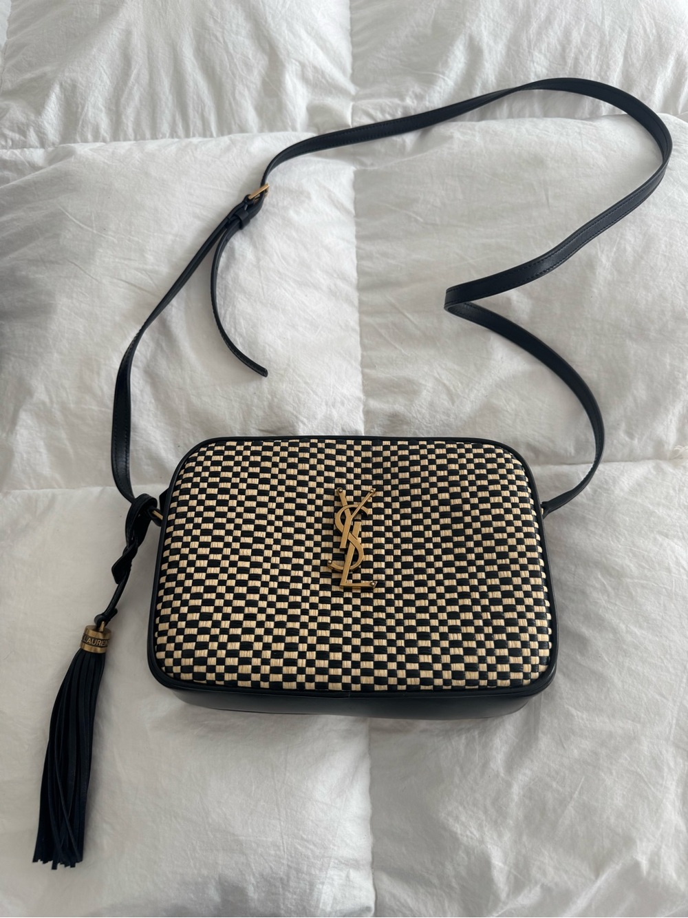 🌸 Saint Laurent Black & Cream Woven Raffia Camera Bag 🌸